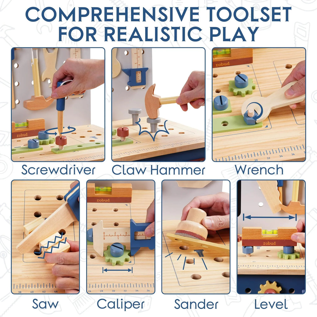 Wooden toy toolset for kids with screwdriver, claw hammer, wrench, saw, caliper, sander, level