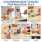 Wooden toy toolset for kids with screwdriver, claw hammer, wrench, saw, caliper, sander, level