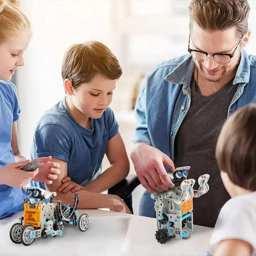 Children and adult building educational robot toys, STEM learning kit on table