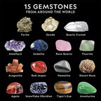 Fifteen labeled gemstones including pyrite, geode, quartz crystal, amethyst, sodalite, rose quartz, and others, displayed on a black background.