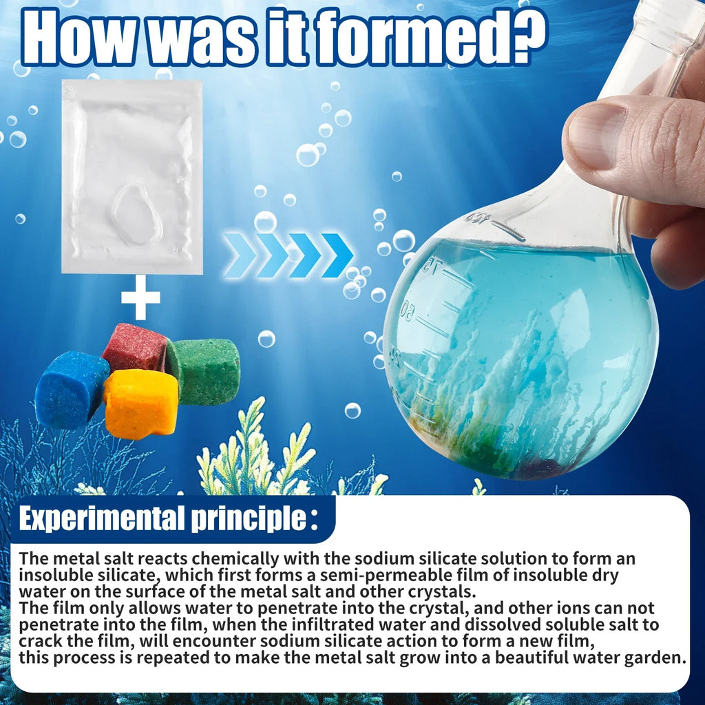 Colorful crystal growing kit with chemical reagents, experiment explanation, and round flask