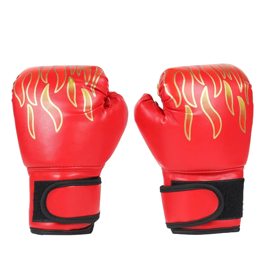 Red kids boxing gloves with gold flame pattern and black wrist straps, stylish sports accessory
