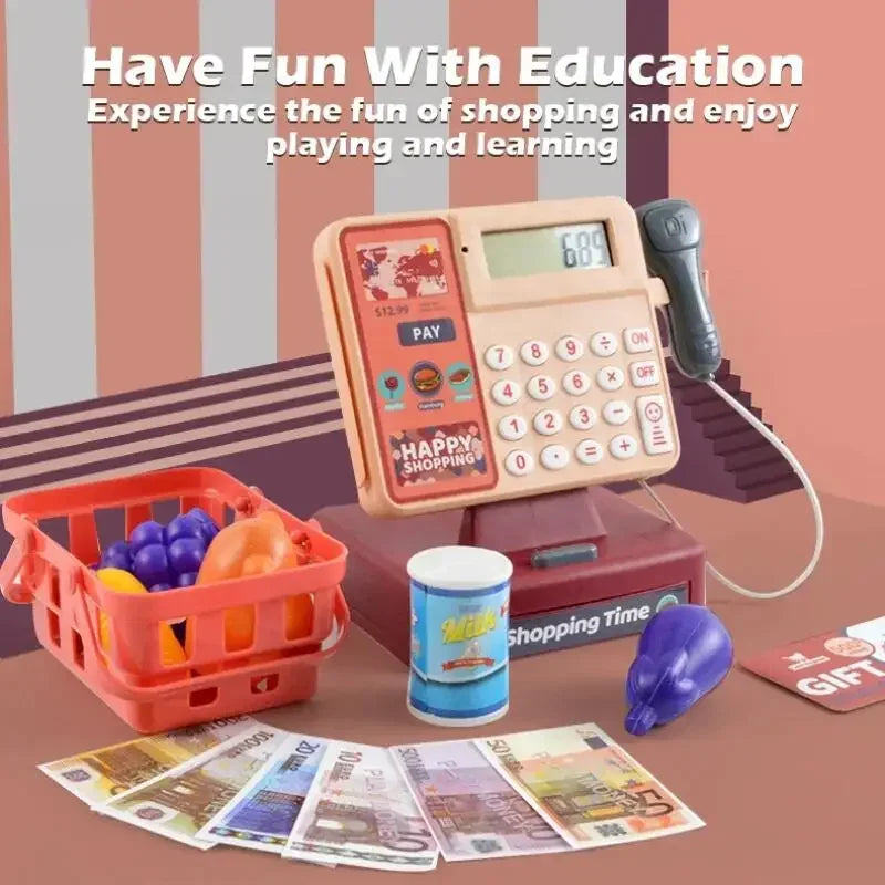 Toy cash register set with play money, grocery basket, pretend food, and milk can for kids.