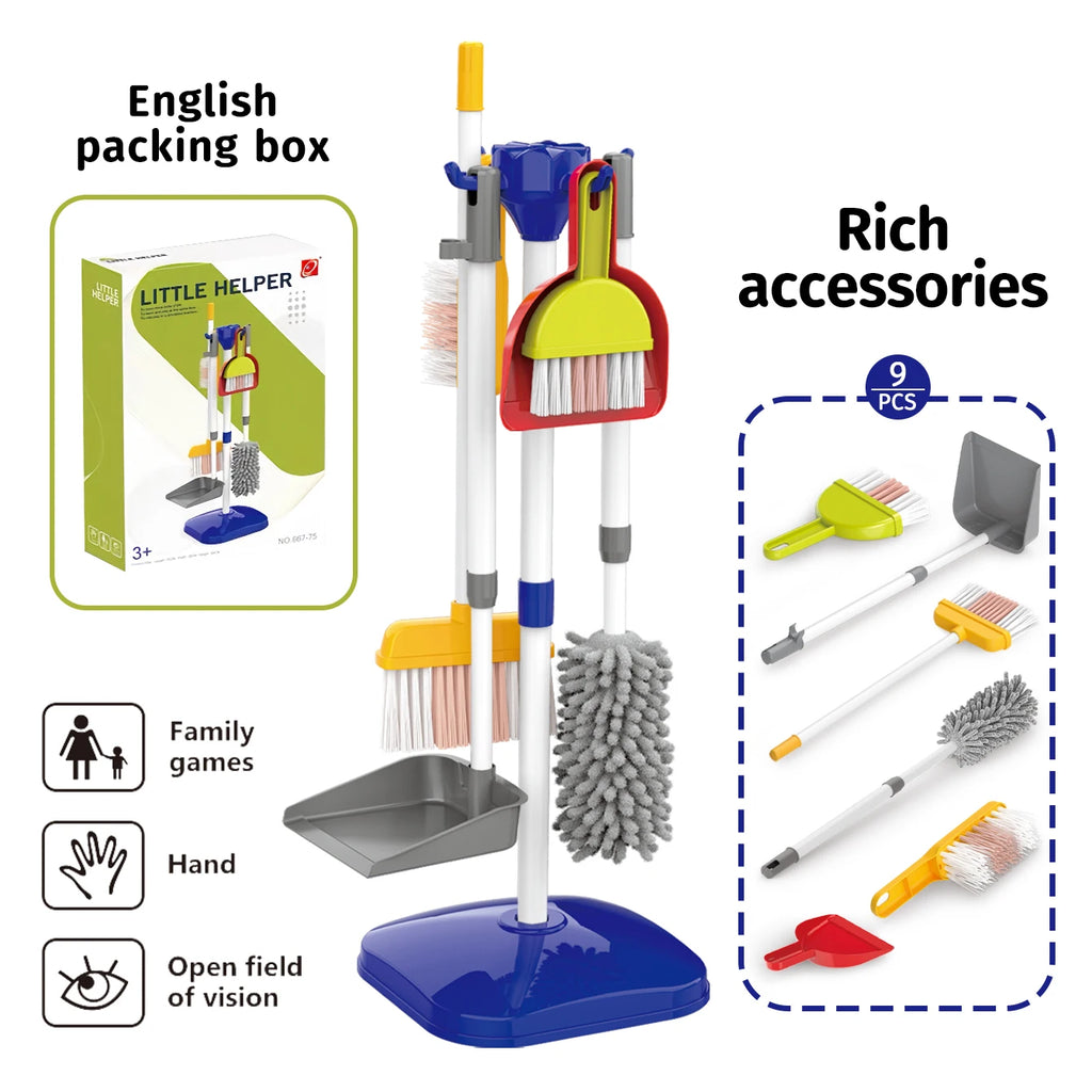 Kids cleaning playset with toy broom, mop, dustpan, and brush accessories, 9-piece set.