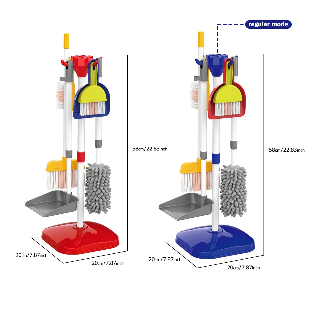 Colorful toy cleaning set with mop, broom, brush, dustpan, and stand, 58cm tall, for kids.