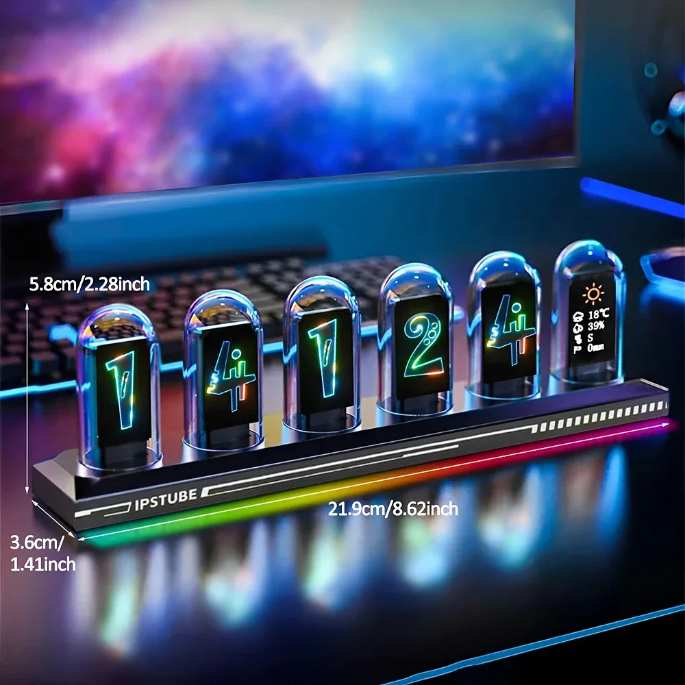 Futuristic RGB LED digital clock with transparent tube display and weather info on a gaming desk.