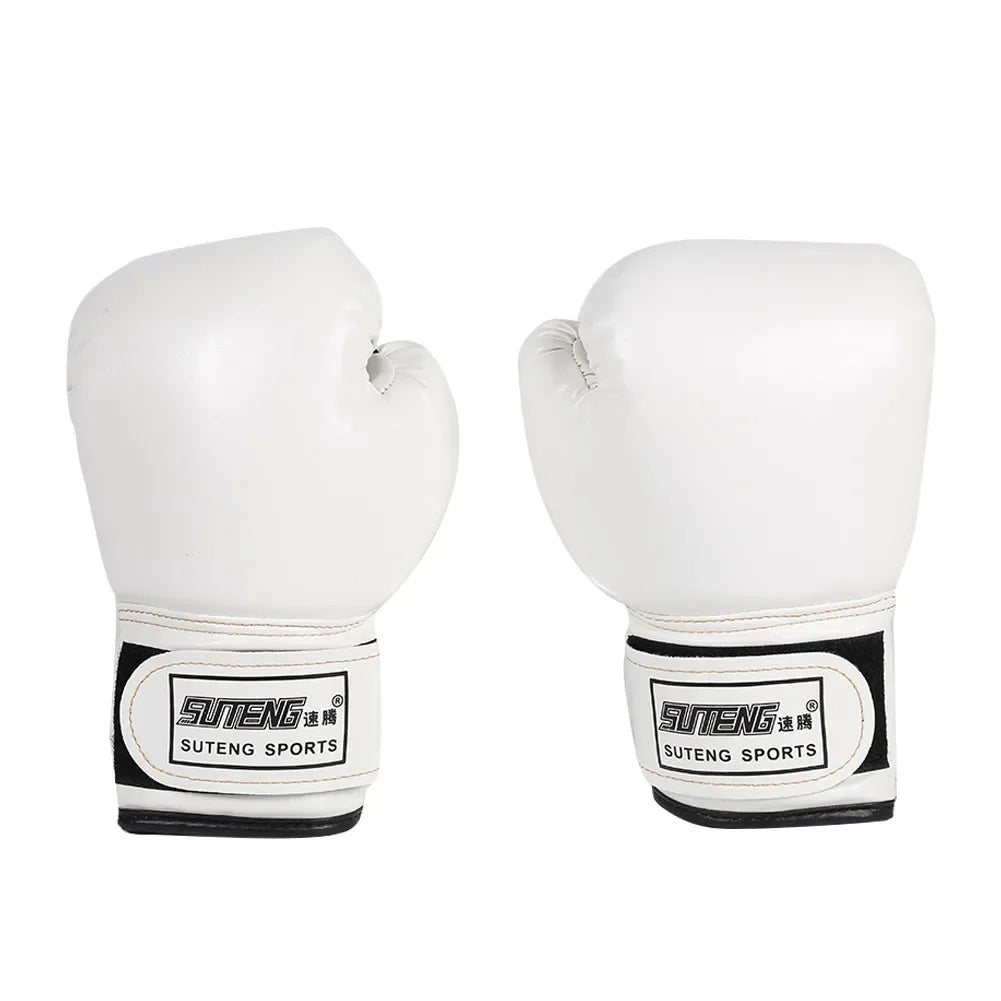 Pair of white boxing gloves with Suteng Sports logo on wrist straps, isolated on white background