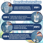 Step-by-step crystal growth experiment instructions with measuring cup, funnel, and flask visuals.