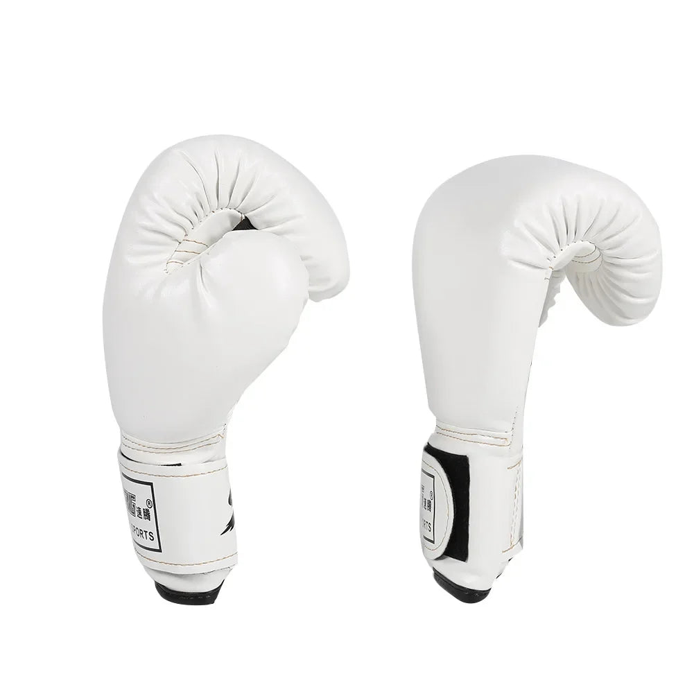 Pair of white boxing gloves with black wrist straps on a plain background