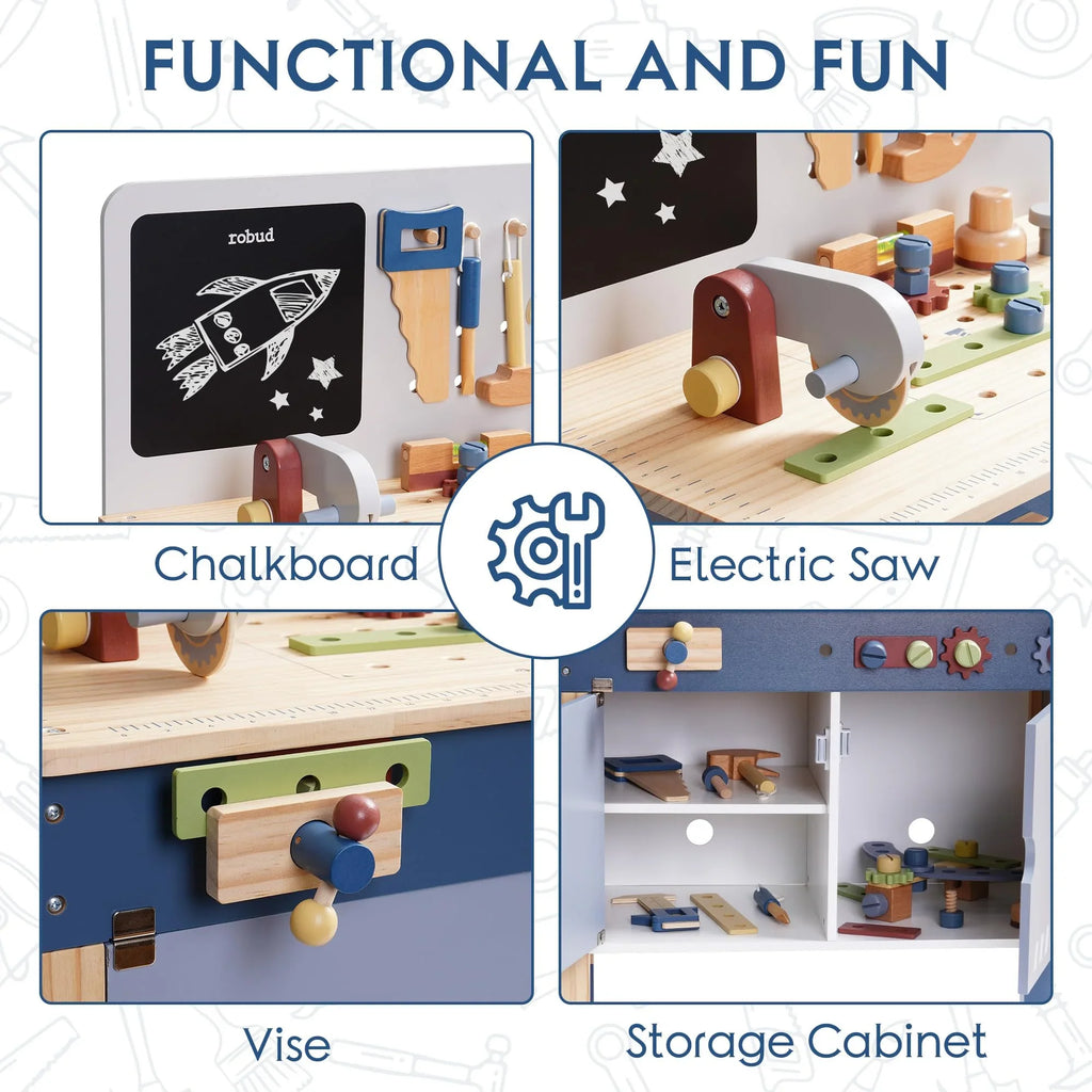 Wooden kids toy workbench with chalkboard, pretend electric saw, vise, and storage cabinet