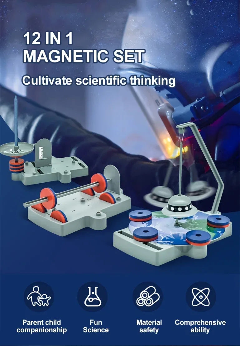 Rekotech 12-in-1 magnetic science set for kids, educational STEM toy kits with grey and red parts.