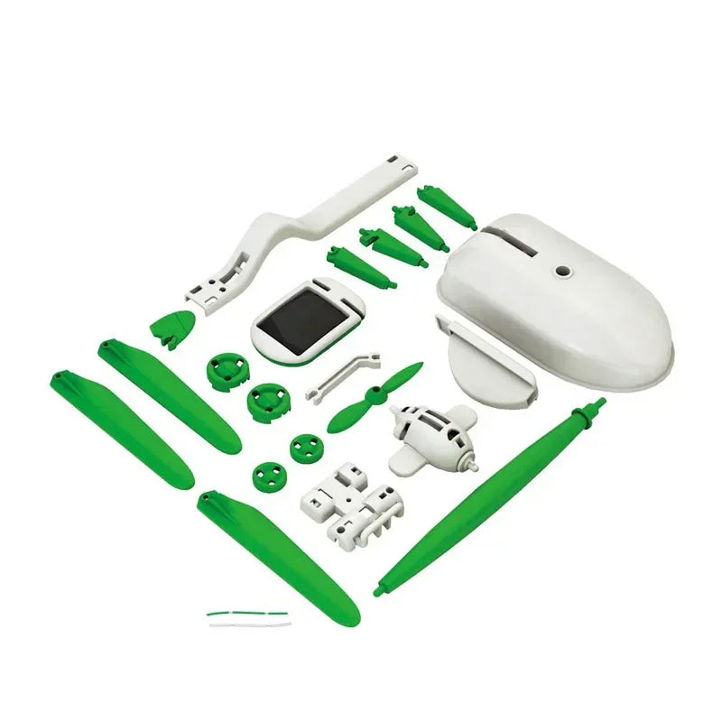 STEM educational toy kit with green and white plastic parts for assembling gadgets