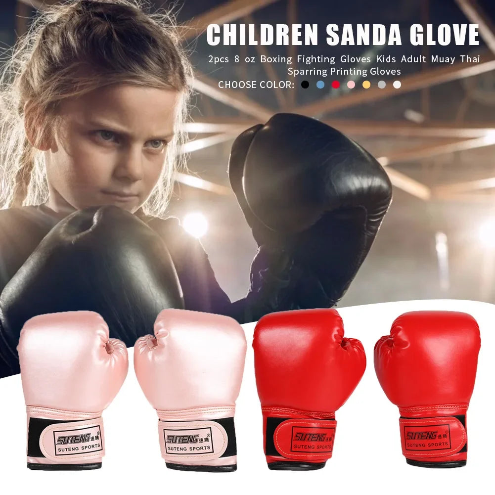 Children's boxing gloves in pink and red displayed with a focused young girl wearing black gloves in a gym setting