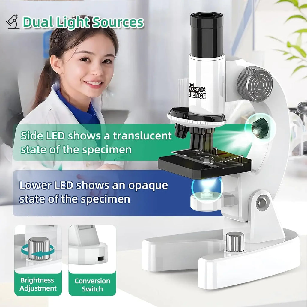 Kid using a dual LED student microscope with brightness adjustment and conversion switch.