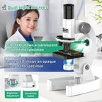 Kid using a dual LED student microscope with brightness adjustment and conversion switch.