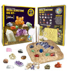 Mega Gemstone Dig Kit with colorful real gemstones, excavation tools, sand brick, and box.