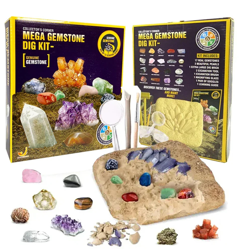 Mega Gemstone Dig Kit with colorful real gemstones, excavation tools, sand brick, and box.