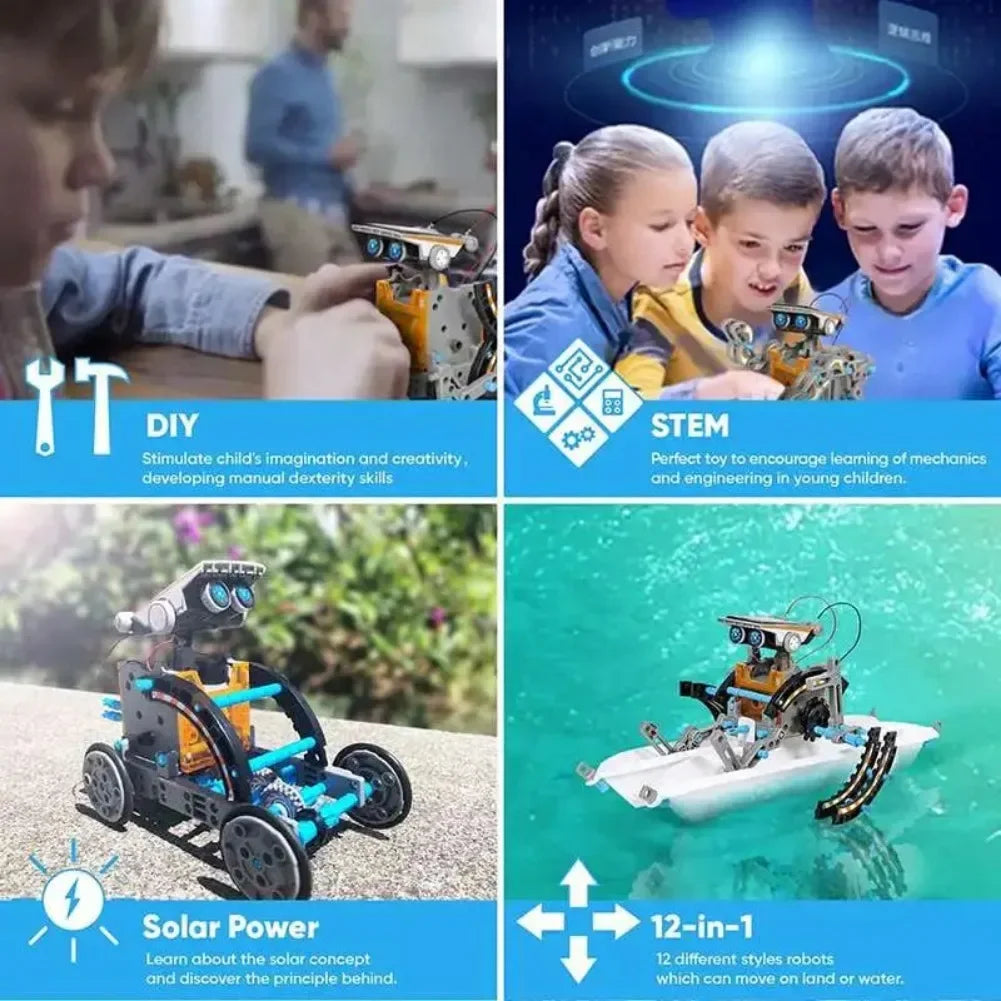 STEM 12-in-1 solar powered DIY robot toy for kids, shown on land and water, encourages creativity and learning.