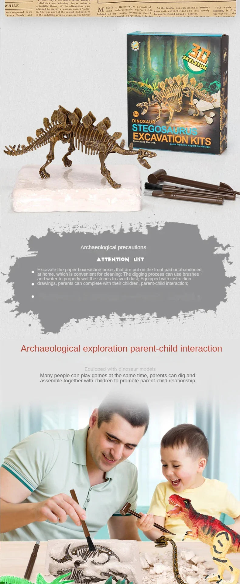 Dinosaur excavation kit with 3D stegosaurus skeleton, tools, and parent-child archaeological activity