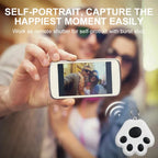 Couple taking a selfie with smartphone using paw-shaped remote shutter keychain