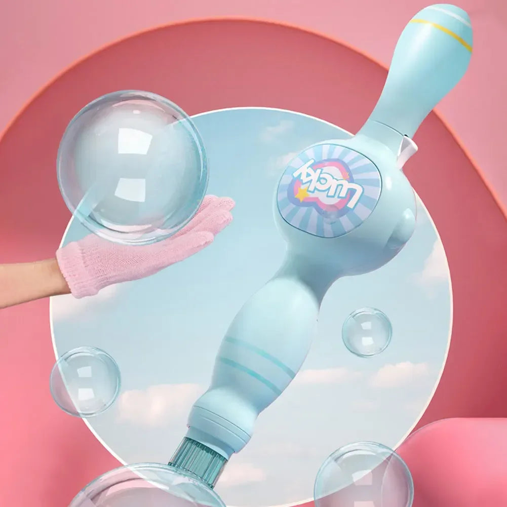 Automatic bubble maker toy with blue handle, pink glove, and floating bubbles on pastel background