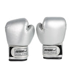 Silver boxing gloves pair with Velcro straps and Suteng Sports logo on white background