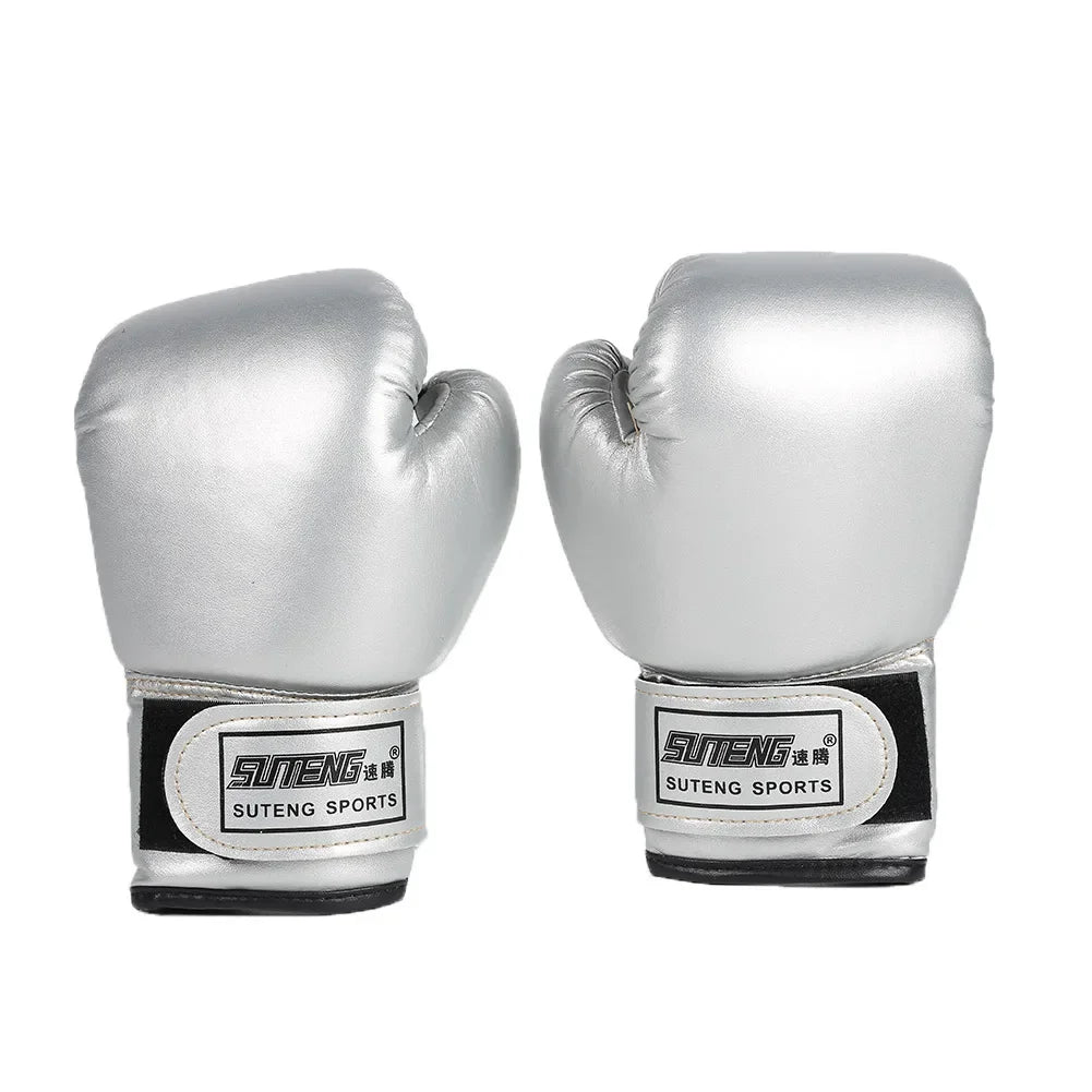 Silver boxing gloves pair with Velcro straps and Suteng Sports logo on white background