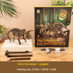 Dinosaur triceratops skeleton excavation kit with tools, goggles, and display box.
