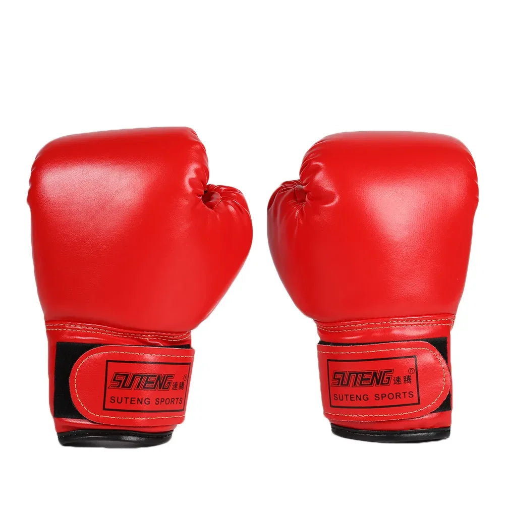 Pair of bright red boxing gloves with black and red wrist straps, Suteng Sports logo visible