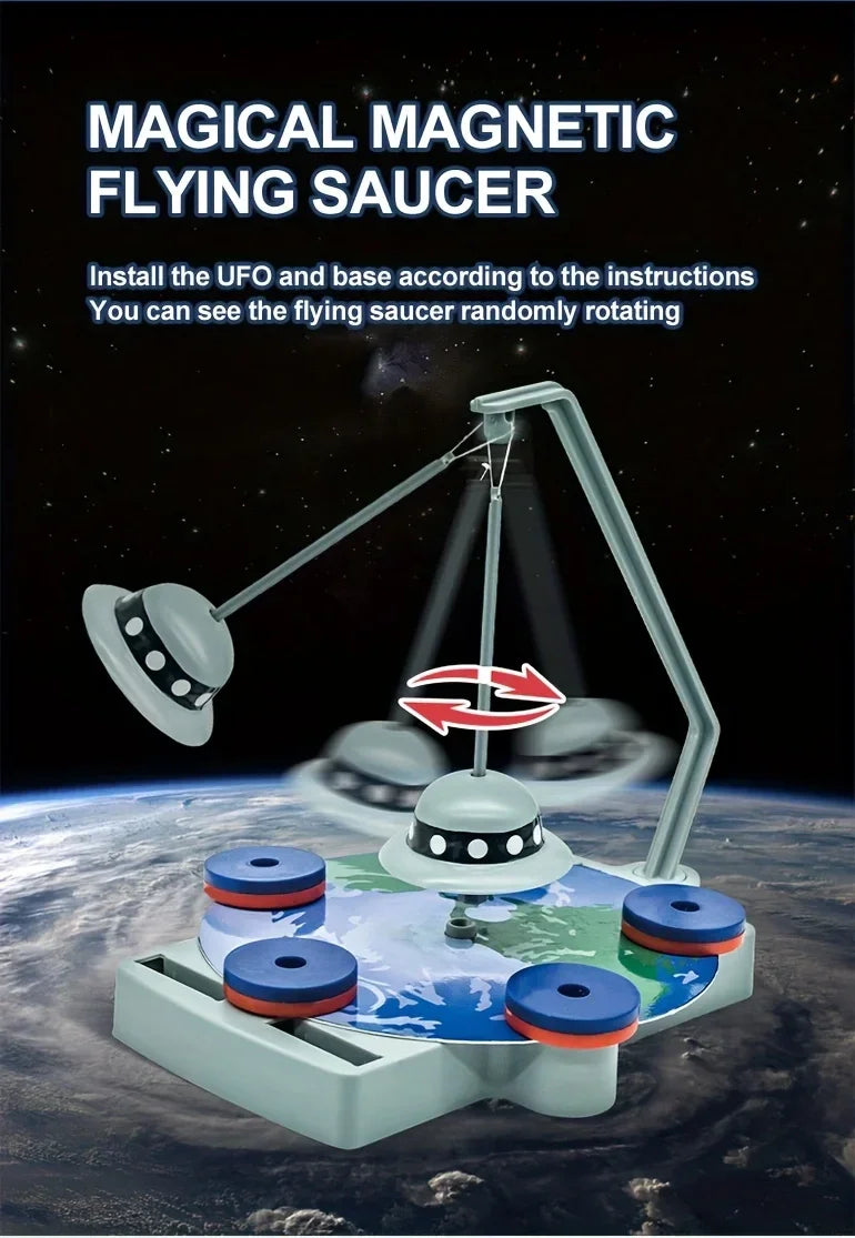 Magnetic flying saucer toy set with UFO design, rotating over a space-themed base, Rekotech