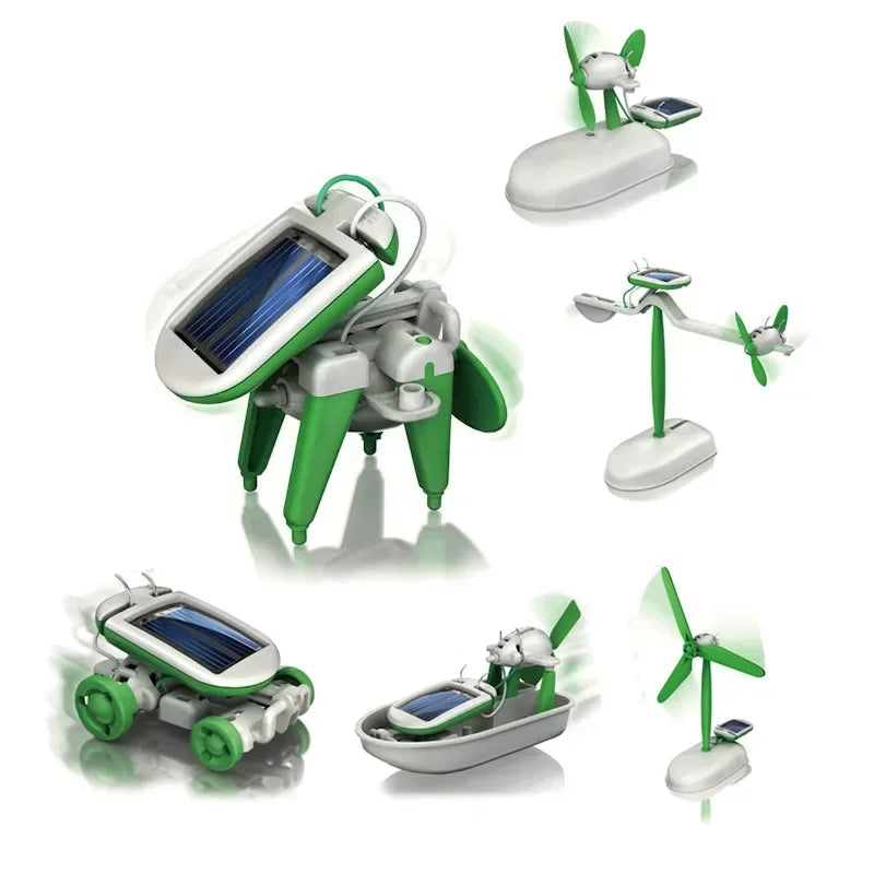 Six-in-one green and white solar robot kit for kids, featuring animal and vehicle designs