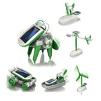Six-in-one green and white solar robot kit for kids, featuring animal and vehicle designs