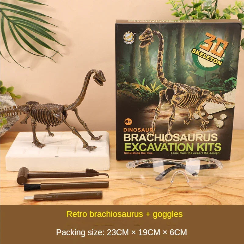 Brachiosaurus dinosaur skeleton excavation kit with tools and safety goggles on table