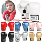 Assorted kids boxing gloves in multiple colors, set of two pairs, with child using gloves.