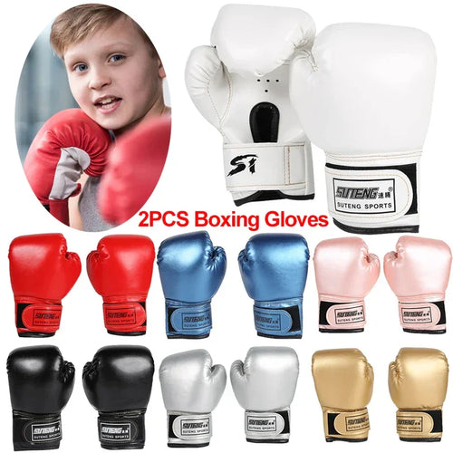 Assorted kids boxing gloves in multiple colors, set of two pairs, with child using gloves.