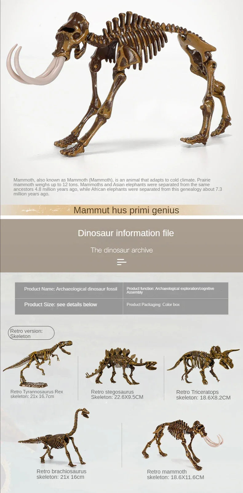 Retro dinosaur and mammoth skeleton toy models for educational archaeological play