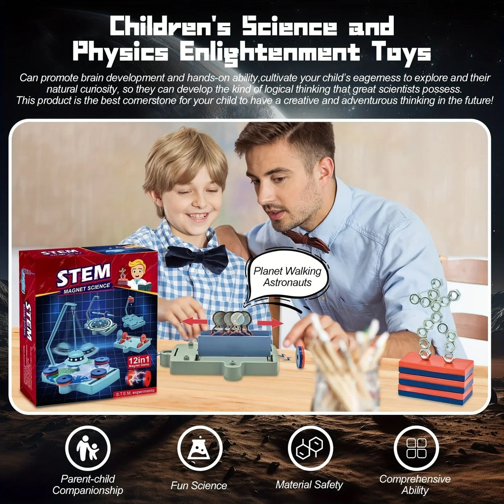 Smiling child and adult playing with STEM magnet science toy kit on table, Rekotech educational gadget