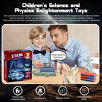 Smiling child and adult playing with STEM magnet science toy kit on table, Rekotech educational gadget