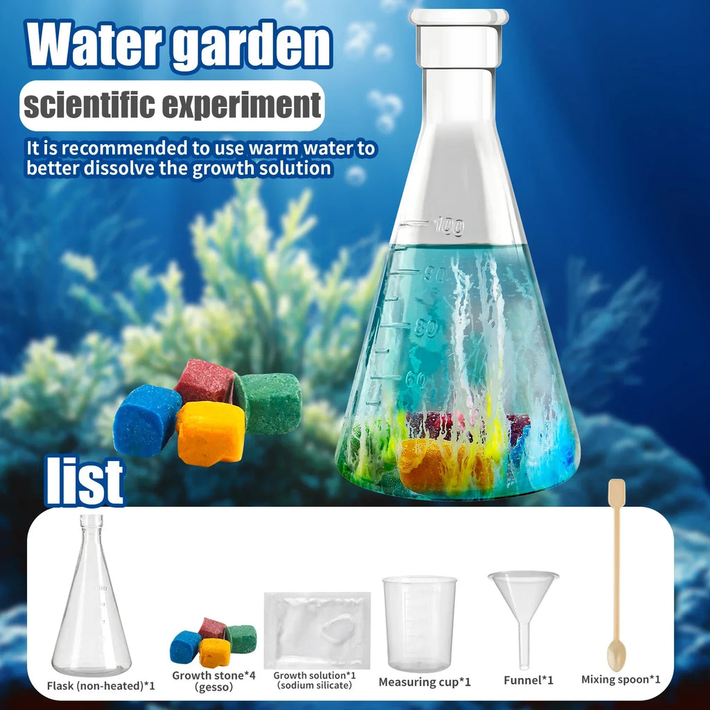 Water garden science experiment kit with colorful growth stones, flask, and lab accessories.