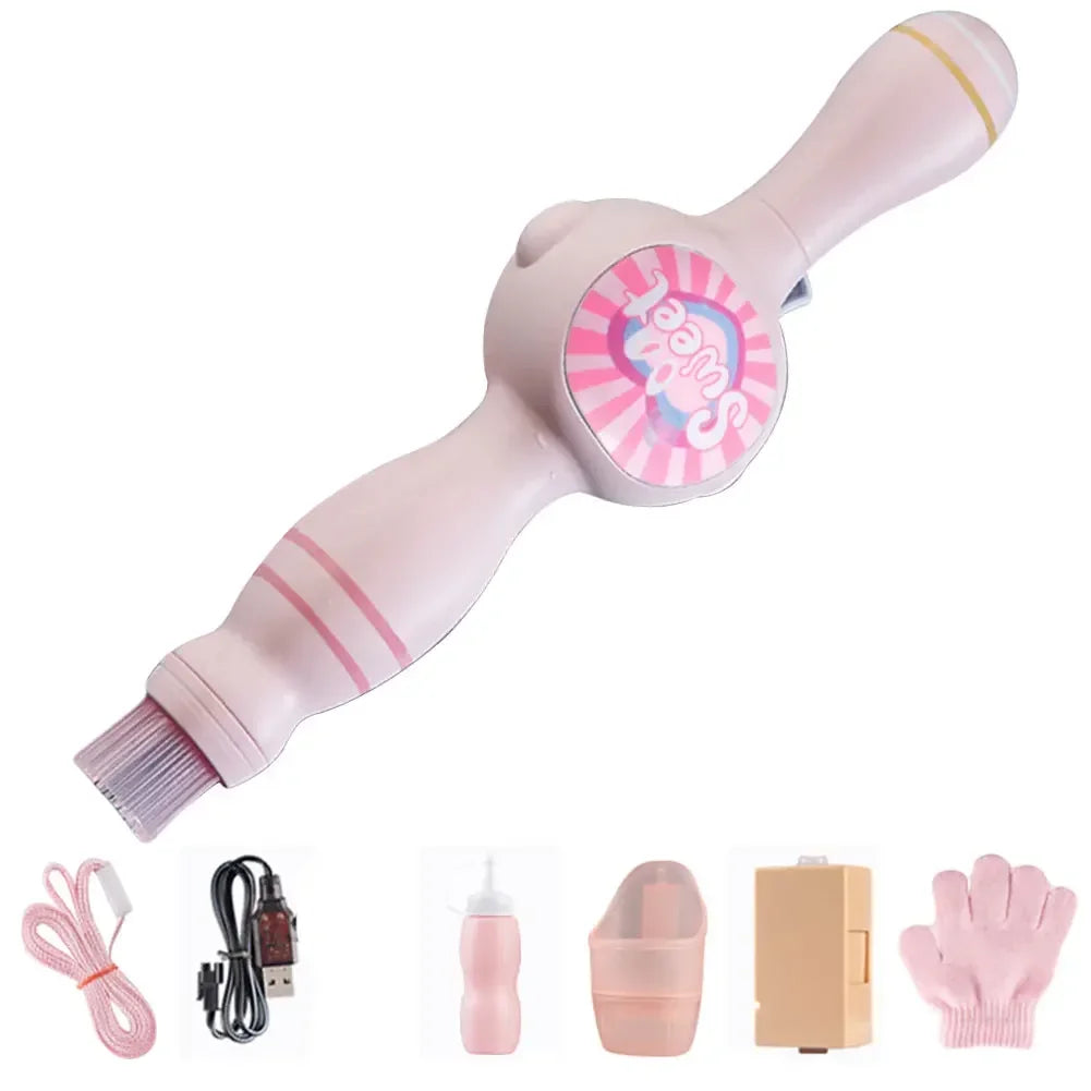 Handheld pink cleaning brush kit with USB cable, bottle, holder, battery case, and glove