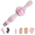 Handheld pink cleaning brush kit with USB cable, bottle, holder, battery case, and glove