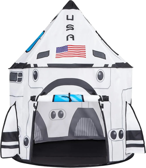 Kids play tent shaped like a white space rocket with USA flag and astronaut design.