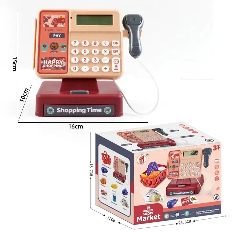 Toy cash register with barcode scanner, calculator buttons, and packaging box for kids.