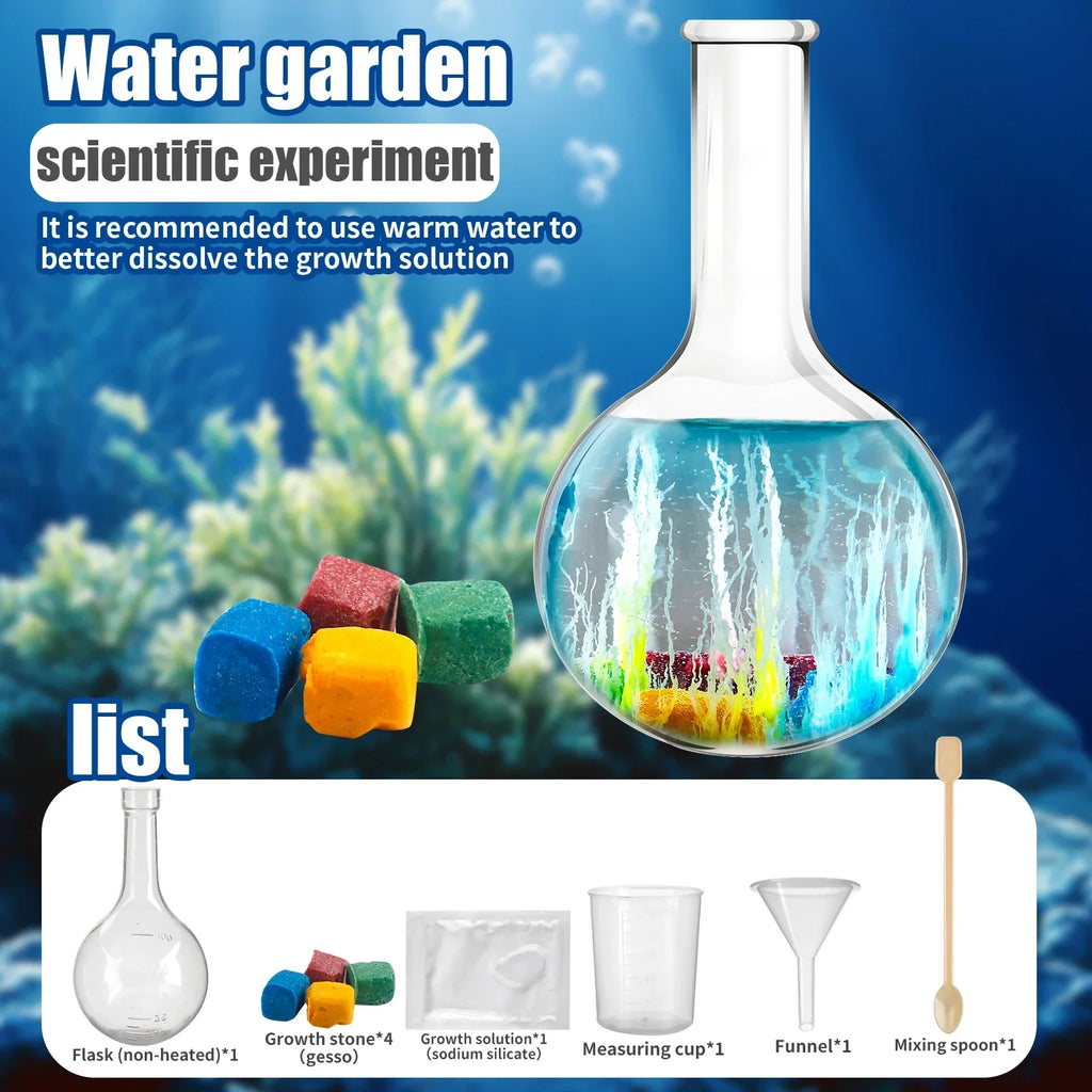 Water garden scientific experiment kit with a clear flask, colorful growth stones, and experiment tools.