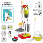 Children’s cleaning toy set with mop, broom, vacuum, dustpan, spray bottle, and bucket.
