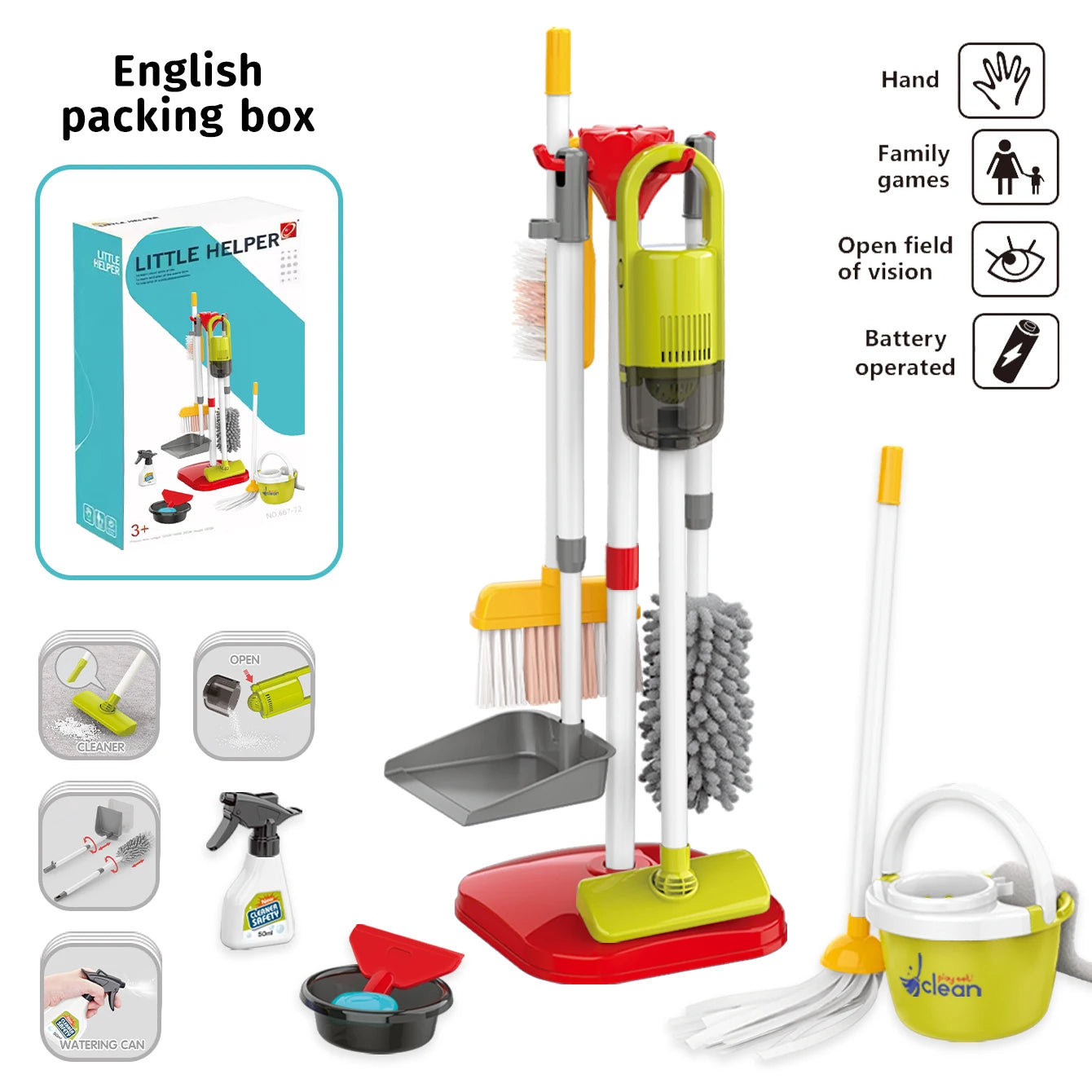 Children’s cleaning toy set with mop, broom, vacuum, dustpan, spray bottle, and bucket.