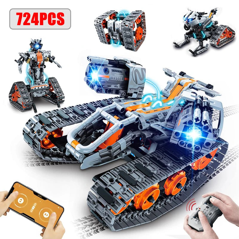 724 piece remote control building block robot tank toy with LED lights and multiple transformable styles