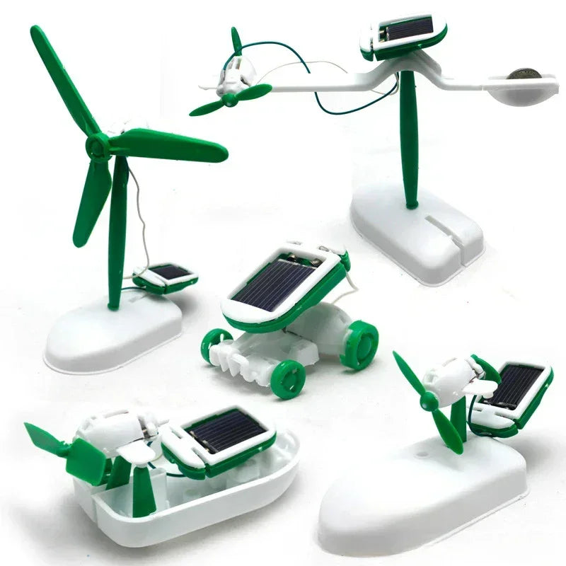 educational solar-powered STEM toy robot kit with green and white windmill, car, boat, and helicopter models