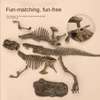 Dinosaur fossil model assembly kit with realistic plastic bones displayed on beige background.