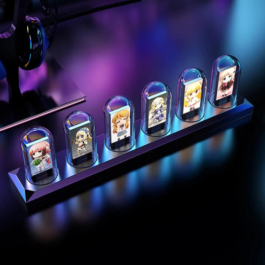 Set of six anime character keycaps with dome covers, RGB backlit on a gaming desk
